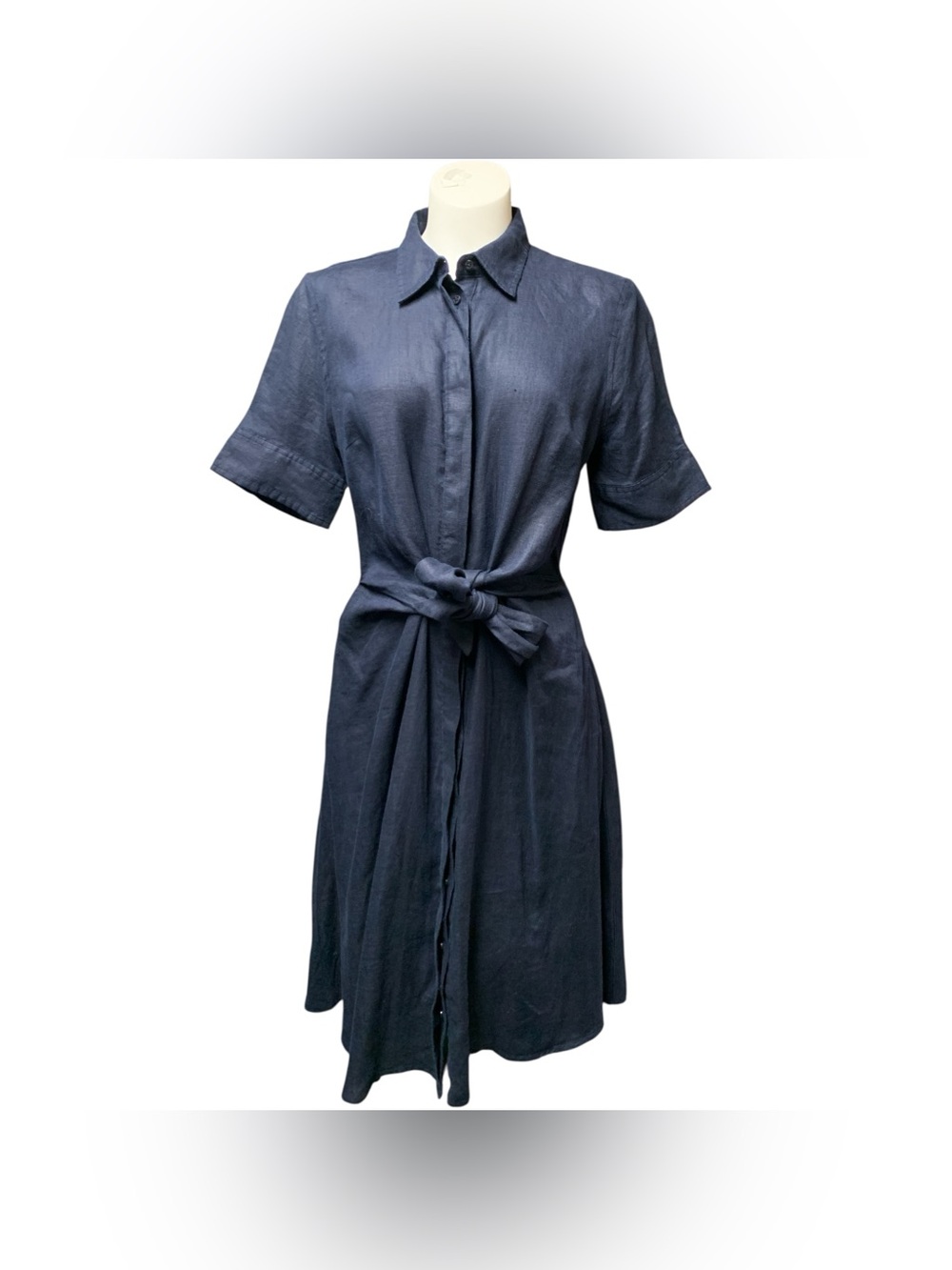 Ralph Lauren Navy Short-Sleeve Midi Shirt Dress with Waist Tie Size M